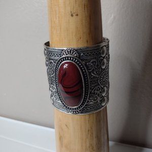 6.5 Inch Silver Tone And Dark Red Cuff Bracelet